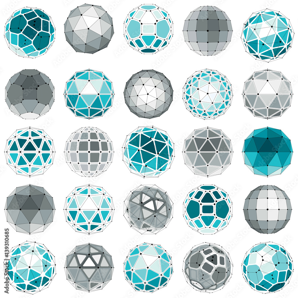 Poster set of vector low poly spherical objects with connected lines and dots, 3d geometric wireframe shape