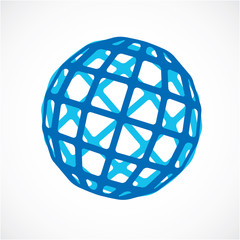 3d vector digital spherical object made using square facets. Low poly shape, blue polygonal globe, abstract form for use in web design.