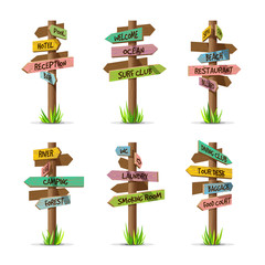 Colored wooden arrow signboards resort vector set. Wood sign post concept with grass. Board pointer illustration with text isolated on a white background - 139310826