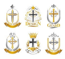 Crosses of Christianity emblems set. Heraldic vector design elements collection. Retro style label, heraldry logo.