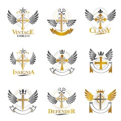 Crosses of Christianity Religion emblems set. Heraldic Coat of Arms decorative logos isolated vector illustrations collection.