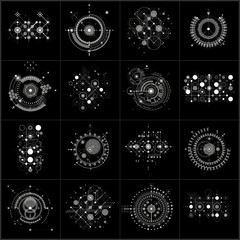 Set of modular Bauhaus vector gray backgrounds, created from geometric figures like circles and lines. Best for use as advertising poster or banner design. Abstract mechanical schemes.