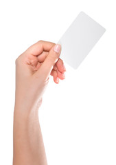 Woman hand hold virtual business card, credit card or blank paper isolated on white background.Clipping path included