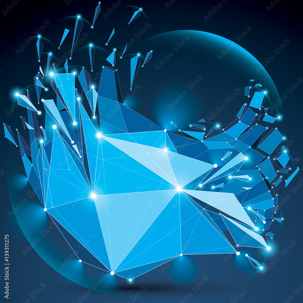 Poster 3d vector low poly complicated object with sparkles and lens circles, white connected dotted lines. 