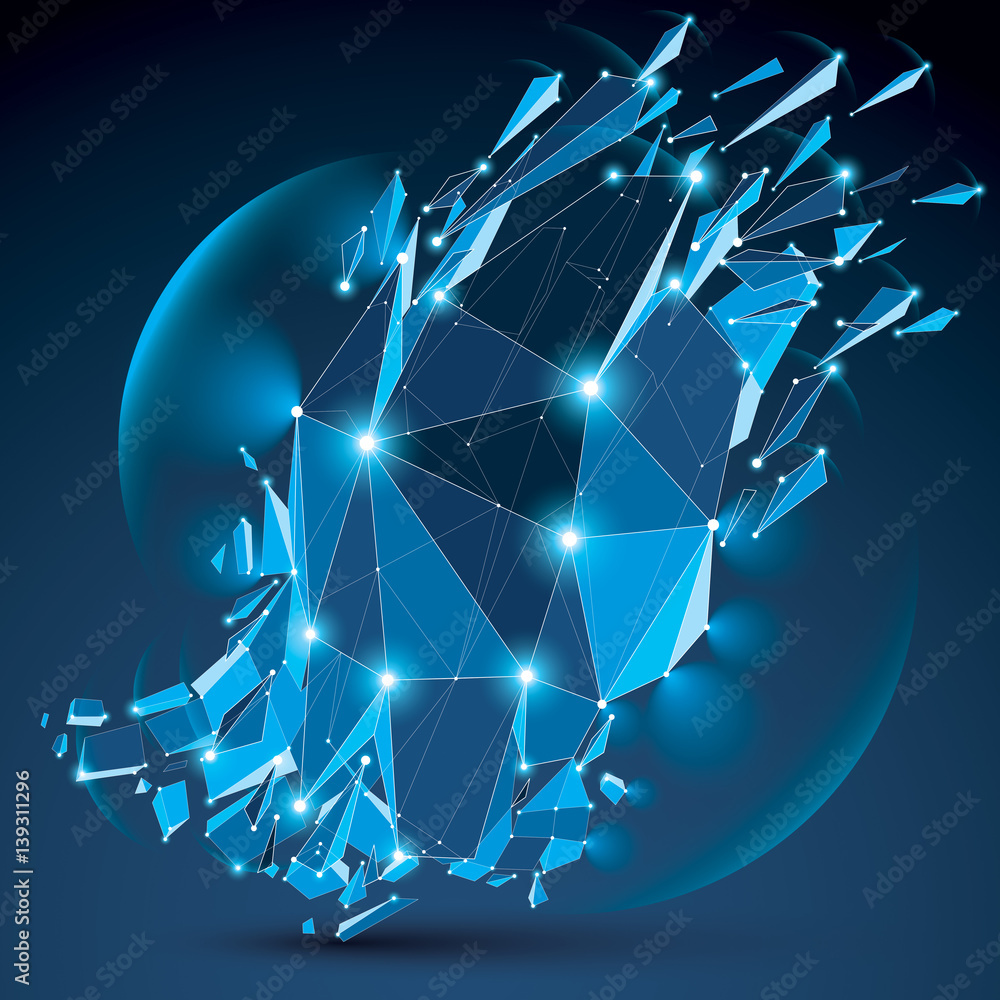 Poster 3d vector clear blue digital wireframe object broken into different particles, geometric polygonal s