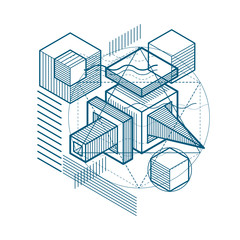 Abstract vector background with isometric lines and shapes. Cubes, hexagons, squares, rectangles and different abstract elements.