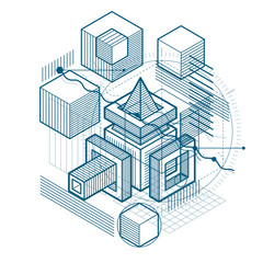 Abstract background with isometric lines, vector illustration. Template made with cubes, hexagons, squares, rectangles and different abstract elements.