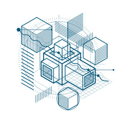 Lines and shapes abstract vector isometric 3d background. Layout of cubes, hexagons, squares, rectangles and different abstract elements.