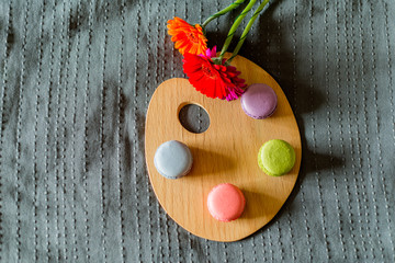 colorful flowers and French macarons