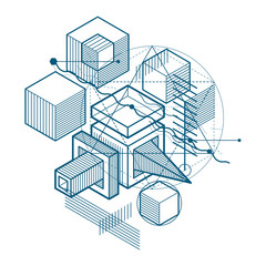 Isometric abstract background with lines and other different elements, vector abstract template. Composition of cubes, hexagons, squares, rectangles and different abstract elements.