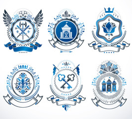 Naklejka premium Vector vintage heraldic Coat of Arms designed in award style. Medieval towers, armory, royal crowns, stars and other graphic design elements collection.