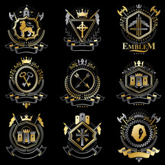 Vintage decorative heraldic vector emblems composed with elements like eagle wings, religious crosses, armory and medieval castles, animals. Collection of classy symbolic illustrations.