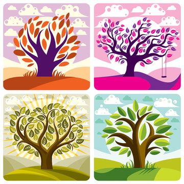 Vector art trees with swing on beautiful cloudy spring landscape.  Setting sun with sunbeams view, season theme illustrations collection.