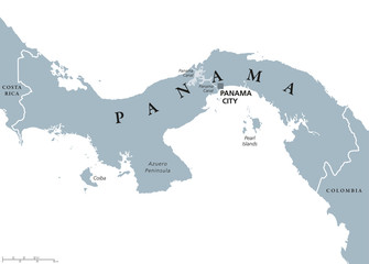 Panama political map with capital Panama City, national borders, neighbor countries and the Panama Canal. Republic in North and Central America. Gray illustration, English labeling, over white. Vector