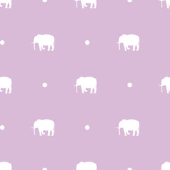 Seamless pattern with silhouettes of elephants and large dots on pale pink background