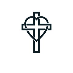 Fototapeta premium Love of God conceptual symbol combined with Christian Cross and heart, vector creative logo.