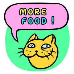 More food! Cartoon Cat Head. Speech Bubble. Vector Illustration.