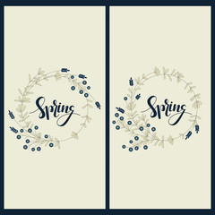 set with two cards with hand drawn word spring in floral circle frames