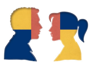 Man and woman face to face, Silhouette of the head of man and woman face to face, and linear and dashed stroke inside, isolated on white background.