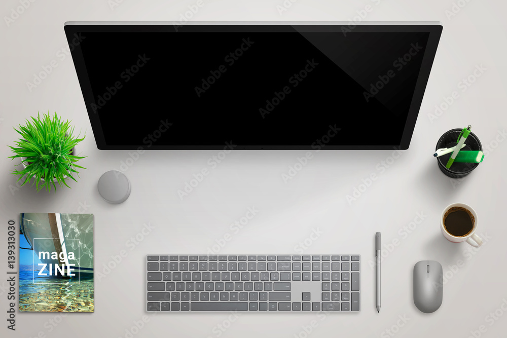 Poster Modern journalist, reporter studio desk with blank computer display for mockup. Top view scene with plant, magazine, pens, coffee, mouse, pen, keyboard and dial beside.