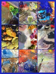 Collage of variety of colorful acrylic paints palettes