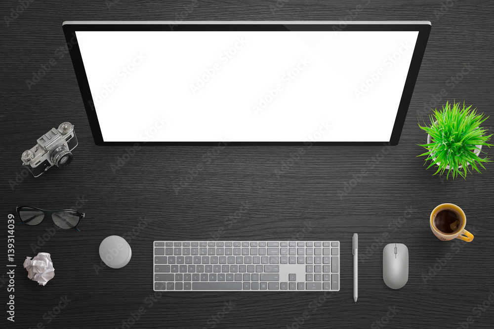 Poster isolated computer touch screen for mockup. top view of black desk with camera, glasses, coffee nad p