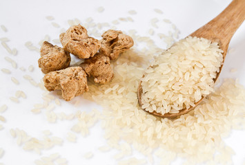 soy meat and a wooden spoon with rice