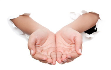Stretched hand of woman isolated over white background. Open palm hand gesture of woman hand. Close...