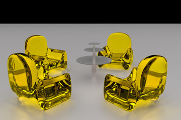 3D-Rendering von futuristischen, transparenten Sitzgelegenheiten und ein einzelner Tisch - auf heller Fl&auml;che angeordnet