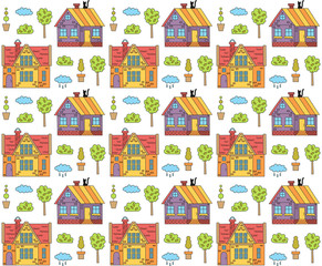 Cute childish village houses doodles seamless vector pattern