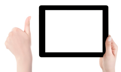 Hand holding a tablet computer with white screen. Woman hands showing empty screen of modern digital tablet. Hand holding tablet pc isolated on white background with blank screen.