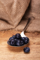 Blueberries and spoon on a rustic background
