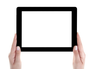 Hand holding a tablet computer with white screen. Woman hands showing empty screen of modern digital tablet. Hand holding tablet pc isolated on white background with blank screen.