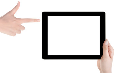 Hand holding a tablet computer with white screen. Woman hands showing empty screen of modern digital tablet. Hand holding tablet pc isolated on white background with blank screen.