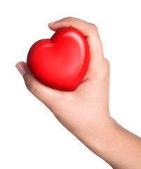 Obraz premium hands holding sweet little heart isolated on white background.