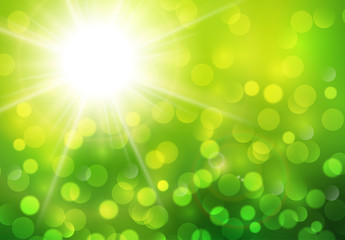 Green sunny background, vector abstract sun and bokeh 