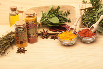 Wooden table of colorful spices