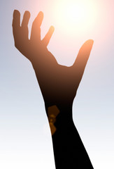 Fototapeta premium Raised hands catching sun on sunset sky. Concept of spirituality, wellbeing, positive energy etc.