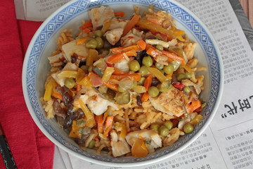 nouilles chinoises, légumes et poulet