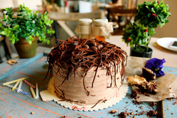 Chocolate cake with chocolate eggs on top, with green plants, candles and flowers in the background