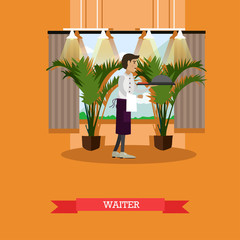 Vector illustration of waiter serving dish in flat style