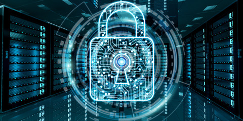 Firewall activated on server room data center 3D rendering