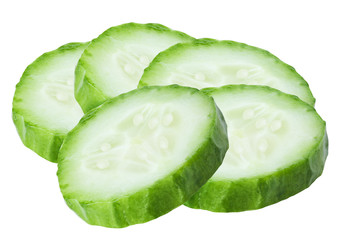 Isolated cucumber slices. Raw cucumber slices (cut) isolated on white, with clipping path