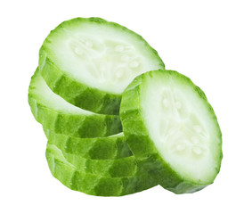 Isolated cucumber slices. Stack cucumber slices (cut) isolated on white, with clipping path