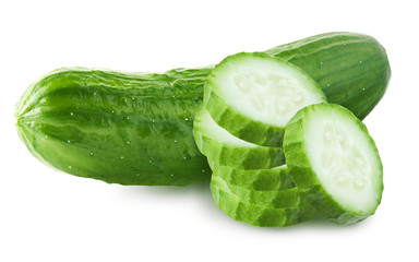 Isolated cucumbers. One cucumber with stack slices (cut) isolated on white, with clipping path