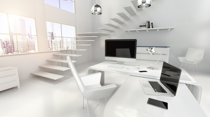 Modern white office interior with computer and devices 3D rendering