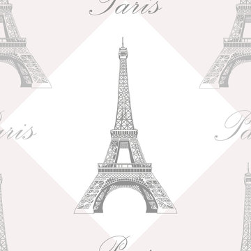 Seamless pattern with Eiffel tower on grey and white background