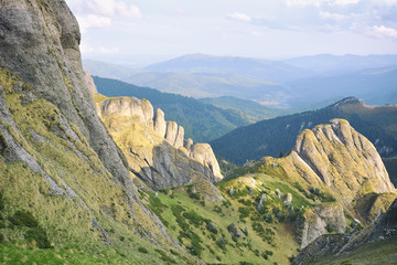 mountain landscape in the Ciucas Mountains, Romania. Image with old, analog camera filter