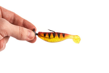 Fishing silicone bait fish on a white background. Fishing items for fisherman