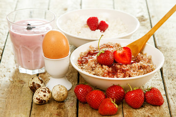 Healthy breakfast on wooden table